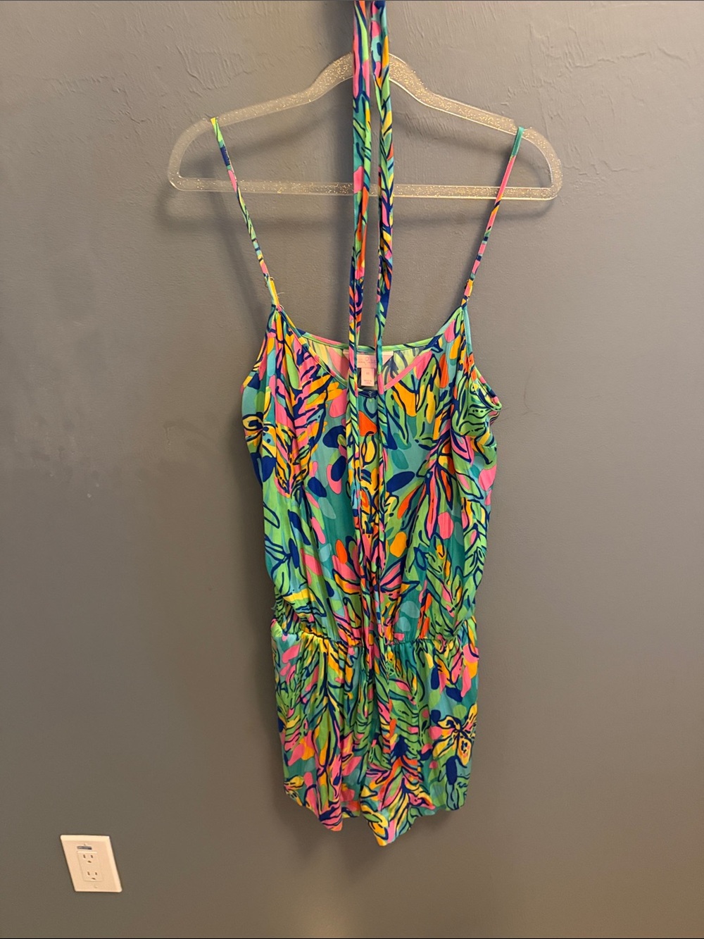 Lilly Pulitzer Neon Pink Green Blue Tropical Print Romper